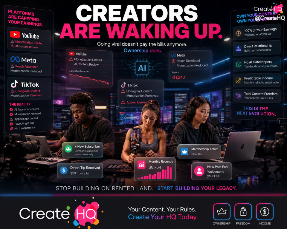 🚨 CREATORS: PAY ATTENTION. 🚨

A major shift is happening in the creator economy right now.

Creators across multiple platforms are reporting:
⚠️ monetization being reduced
⚠️ original content getting flagged incorrectly
⚠️ AI moderation limiting reach
⚠️ payouts becoming less predictable
⚠️ appeals getting denied with little transparency

And many creators are starting to ask the same question:

“What happens when a platform controls ALL of my income?”

Going viral is no longer enough.

Because views without ownership can disappear overnight.

The creators winning long-term are building:
✔️ direct audiences
✔️ recurring revenue
✔️ subscriber communities
✔️ independent income streams
✔️ platforms they actually control

This is exactly why CreateHQ was built.

A creator-first platform designed around:
🎥 memberships
💸 direct monetization
💬 fan communities
🛍️ digital + physical products
📈 audience ownership

The future of content creation is shifting from:
“chasing algorithms”

➡️ to

“building owned businesses.”

This isn’t fear marketing.

This is the reality of where the creator economy is heading.

The smartest creators are preparing now. 🚀
.
.
.
#CreateHQ #CreatorEconomy #TikTokCreators #YouTubeCreators #InstagramCreators