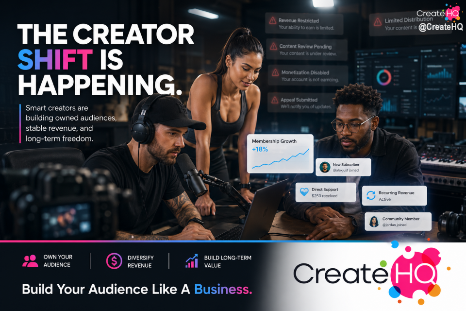 🚨 The creator economy is changing faster than most people realize.

For years, creators were told that views were everything.
Go viral. Chase reach. Feed the algorithm.

But now creators are asking smarter questions:
❓ What happens when monetization gets restricted?
❓ What happens when distribution suddenly drops?
❓ What happens when AI moderation incorrectly flags original content?
❓ What happens when your income depends on systems you do not control?

The shift happening right now is bigger than content.
It’s about ownership.
It’s about stability.
It’s about building something sustainable.

The next generation of creators are not just influencers anymore.
They are becoming media brands, educators, communities, businesses, and entrepreneurs. 📈

Smart creators are diversifying.
They are building direct audience relationships.
They are focusing on recurring revenue instead of temporary viral moments.

That is exactly why we built CreateHQ.

A platform designed to help creators:
 ✅ monetize directly
 ✅ build memberships
 ✅ create recurring income
 ✅ grow communities
 ✅ own their audience
 ✅ operate like a real business

Because long-term creator success should not depend on unpredictable algorithms alone.

The creator shift is happening.
The question is: are you building for attention… or building for ownership? 👀
.
.
.
#CreateHQ #CreatorEconomy #ContentCreator #CreatorBusiness #DigitalCreator #InfluencerMarketing #UGCCreator #Entrepreneur #PersonalBrand #Monetization #ContentStrategy #CreatorTools #AudienceOwnership #SocialMediaMarketing #CreatorCommunity #BusinessGrowth #RecurringRevenue #BrandBuilding #CreativeEntrepreneur #LinkedInCreators #FutureOfWork #CreatorMonetization #Startup #MarketingStrategy #ContentMarketing