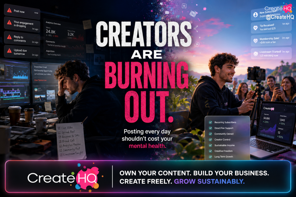 Creators were never supposed to become full production studios overnight. 🎥

Today’s creators are expected to:
✔ film
✔ edit
✔ market
✔ respond to comments
✔ study analytics
✔ negotiate deals
✔ stay relevant
✔ post constantly

…all while trying to protect their mental health.

The pressure to “beat the algorithm” has created an always-online culture that’s exhausting millions of creators across platforms.

At CreateHQ, we believe creator success should feel sustainable, not mentally draining. 💡

That’s why we’re building tools focused around:
✨ direct monetization
✨ subscriptions
✨ community ownership
✨ creator control
✨ recurring income
✨ long-term audience building

Because creators deserve more than chasing temporary reach.

They deserve ownership.

They deserve stability.

They deserve freedom to create without burning themselves out. 🌎

The future of the creator economy shouldn’t cost people their peace of mind.
And we’re here to help change that. 🚀
.
.
.
#CreateHQ #MentalHealth #CreatorEconomy #ContentCreator #ContentCreators #CreatorLife #DigitalCreator #CreatorCommunity #CreatorSupport #CreatorFirst #Monetization #SubscriptionPlatform #DirectMonetization #AudienceOwnership #CreativeFreedom #CreatorBusiness #InfluencerMarketing #SocialMediaMarketing #PersonalBranding #EntrepreneurMindset #ContentStrategy #CreatorTools #OnlineBusiness #CommunityBuilding #SocialMediaGrowth #CreatorBurnout #BurnoutAwareness #DigitalEntrepreneur #FutureOfWork #OwnYourAudience